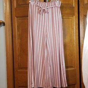 Pink and white striped wide leg capris